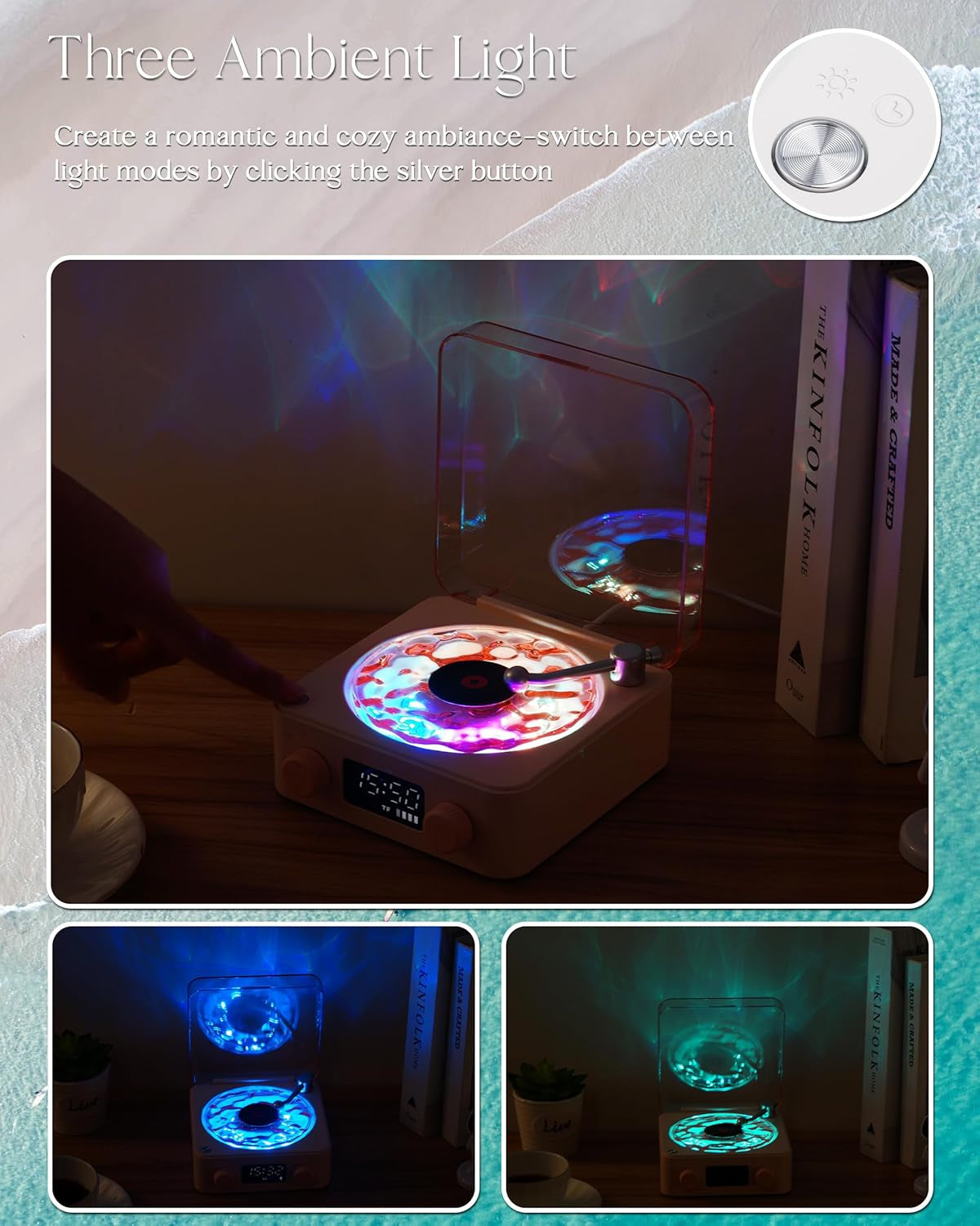 Waves Vinyl Bluetooth Speaker, Vinyl Record Player Style Speaker with Ocean Sound White Noise, Retro Bluetooth Speaker with Ambient Light and Timer, Mini Record Player Cute Speaker, Pink