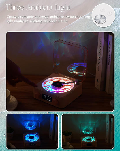 Waves Vinyl Bluetooth Speaker, Vinyl Record Player Style Speaker with Ocean Sound White Noise, Retro Bluetooth Speaker with Ambient Light and Timer, Mini Record Player Cute Speaker, Pink