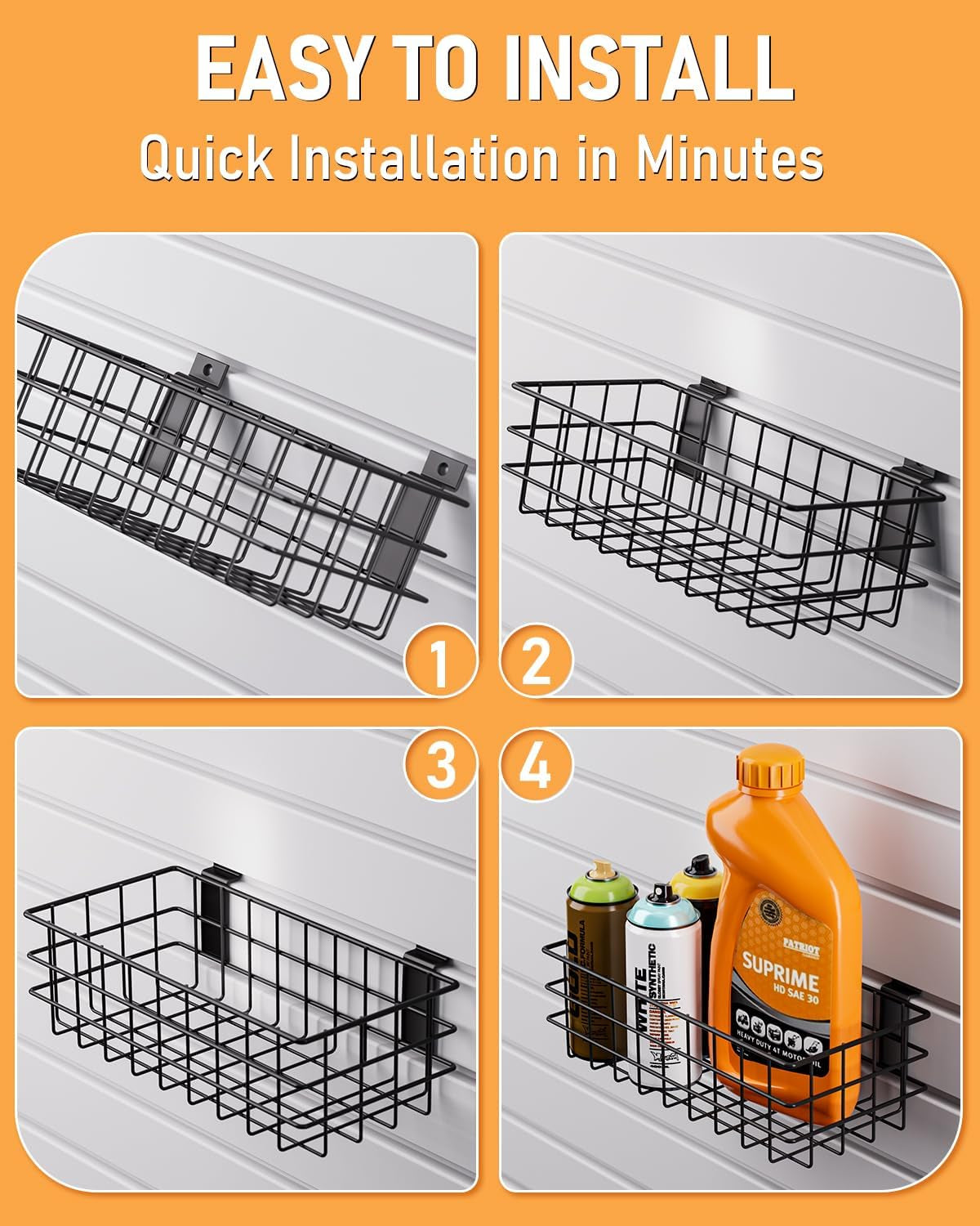 4 Pack Black Slatwall Baskets Set, Ventilated Metal Hanging Storage Slat Wall Basket, Mounted Slatwall Accessories for Garage Rooms Shops Storage Organizing Display on Slatwall Panels