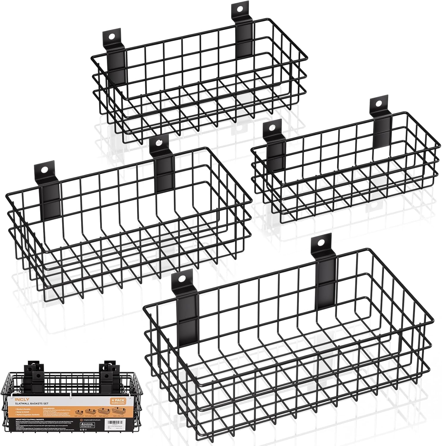 4 Pack Black Slatwall Baskets Set, Ventilated Metal Hanging Storage Slat Wall Basket, Mounted Slatwall Accessories for Garage Rooms Shops Storage Organizing Display on Slatwall Panels