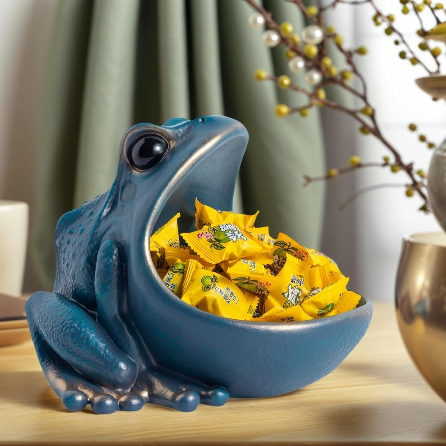 Large Mouth Frog Statue Candy Dish Jar for Office Desk, Funny Decorative Key Bowl for Entryway Table, Container Storage Box Living Room Table Art Decoration (Blue)