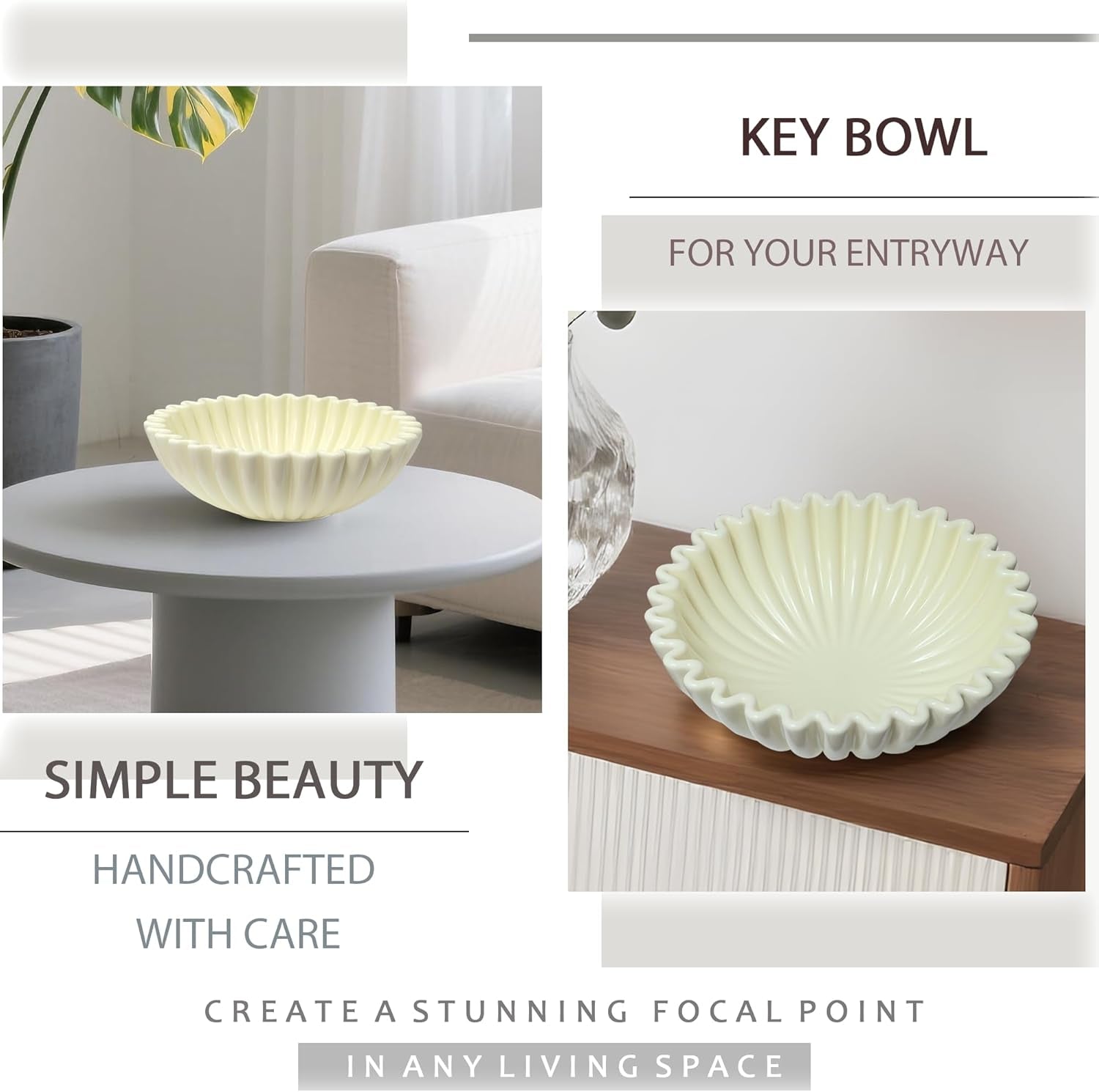 Large Decorative Bowl, White Ceramic Fruit Bowl for Kitchen Counter, Key Bowls for Entryway Table, Modern Coffee Table Home Decor, Scalloped Handmade Artwork